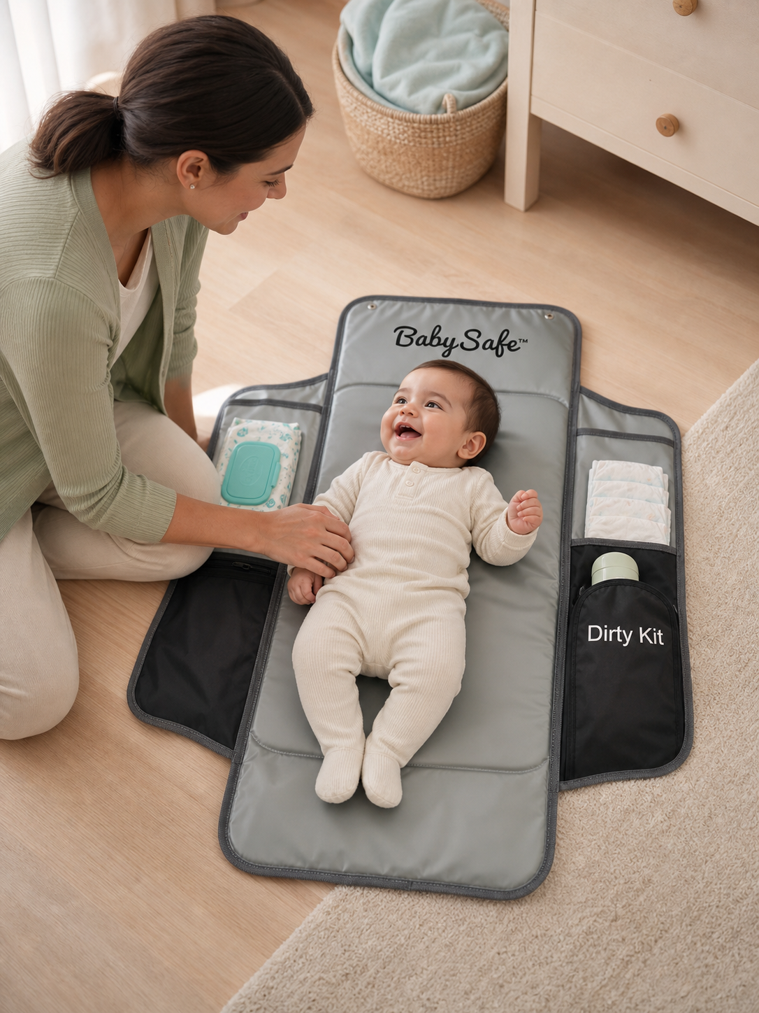 Una madre usa el cambiador BabySafe abierto con su bebé