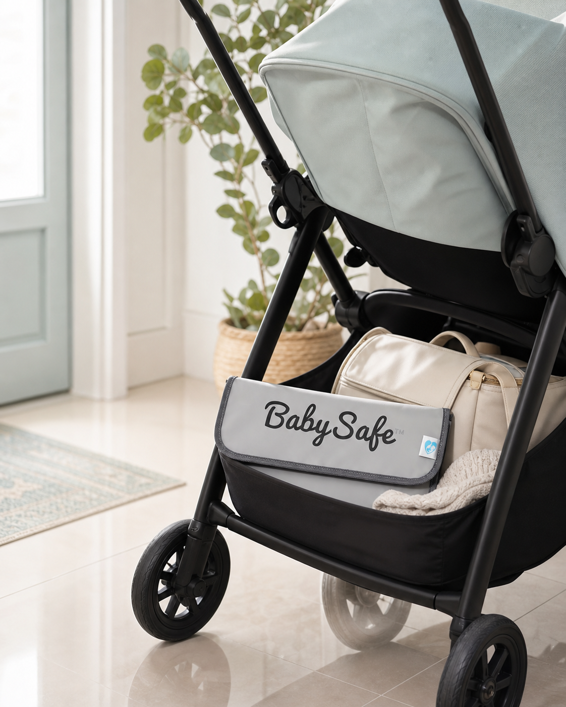 Cambiador BabySafe plegado en la cesta de un cochecito